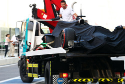 The McLaren MP4-29H of Stoffel Vandoorne, McLaren Test and Reserve Driver is recovered back to the pits on the back of a truck