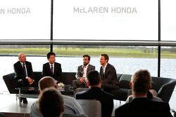 Yasuhisa Arai, head of Honda Motorsport, Jenson Button, Fernando Alonso and Ron Dennis, Chairman & CEO of McLaren