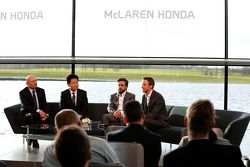 Yasuhisa Arai, head of Honda Motorsport, Jenson Button, Fernando Alonso and Ron Dennis, Chairman & C