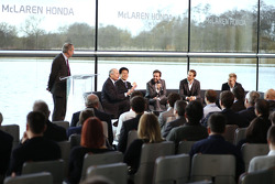 Yasuhisa Arai, head of Honda Motorsport, Jenson Button, Kevin Magnussen, Fernando Alonso and Ron Dennis, Chairman & CEO of McLaren