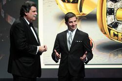 NASCAR Modified Tour champion Doug Coby gets a ring from NASCAR president Mike Helton