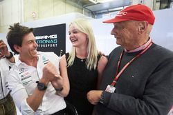 Toto Wolff, Executive Director, Mercedes AMG, Emilia Bottas and Niki Lauda, Non-Executive Chairman, Mercedes AMG