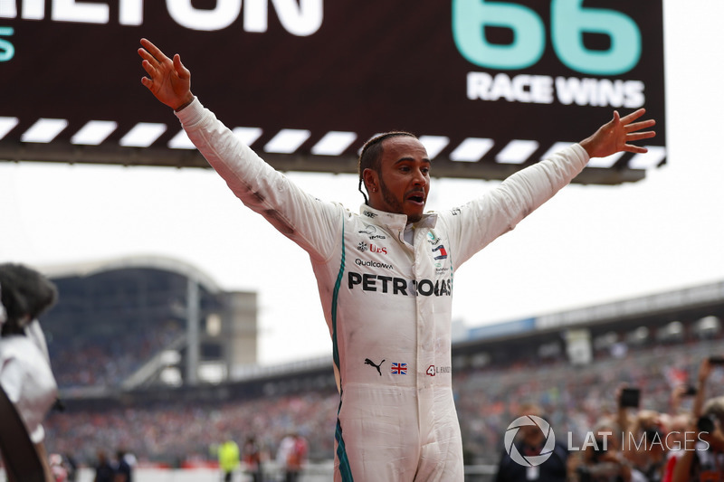 Race winner Lewis Hamilton, Mercedes AMG F1, celebrates in Parc Ferme