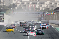 Start: #12 Fach Auto Tech Porsche 997 GT3 R: Otto Klohs, Martin Ragginger, Jens Richter, Sven Müller leads #2 Black Falcon Mercedes SLS AMG GT3: Abdulaziz Al Faisal, Hubert Haupt, Yelmer Buurman, Oliver Webb