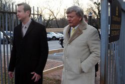 Kurt Busch and Rusty Hardin leave the Kent County family courthouse after a hearing regarding assault charges filed by then girlfriend Patricia Driscoll