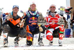 Bike category podium: winner Marc Coma, second place Paulo Goncalves, third place Toby Price