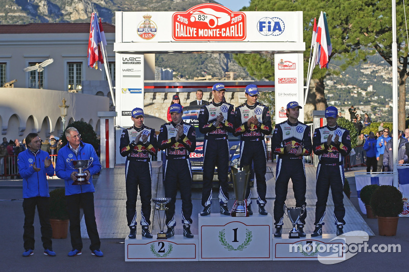 Podium: second place Jari-Matti Latvala, Miikka Anttila, winners Sébastien Ogier,  Julien Ingrassia,