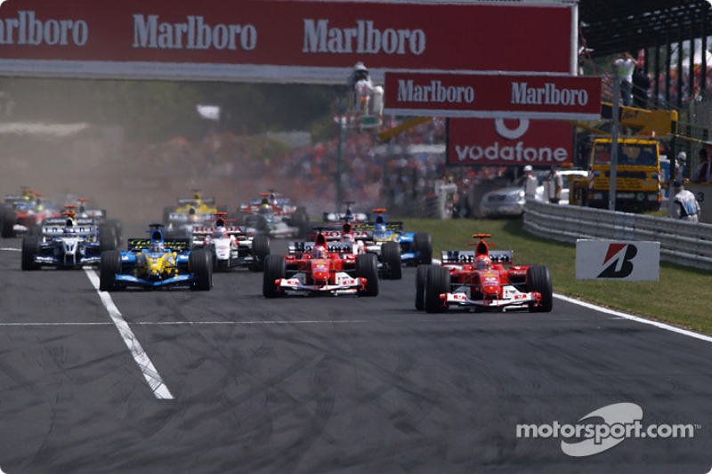 Start: Michael Schumacher takes the lead ahead of Rubens Barrichello and Fernando Alonso