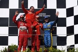 Podium: Rubens Barrichello, Jean Todt, Michael Schumacher and Fernando Alonso