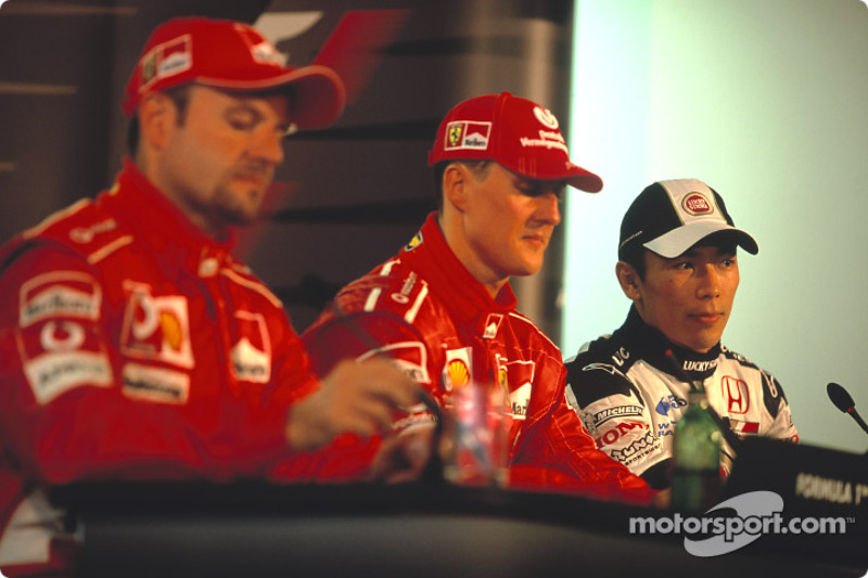 Press conference: pole winner Michael Schumacher with Rubens Barrichello and Takuma Sato