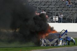 #67 Krohn Racing/ TRG Pontiac Riley on fire: Nic Jonsson jumps out of the car