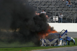#67 Krohn Racing/ TRG Pontiac Riley on fire: Nic Jonsson jumps out of the car