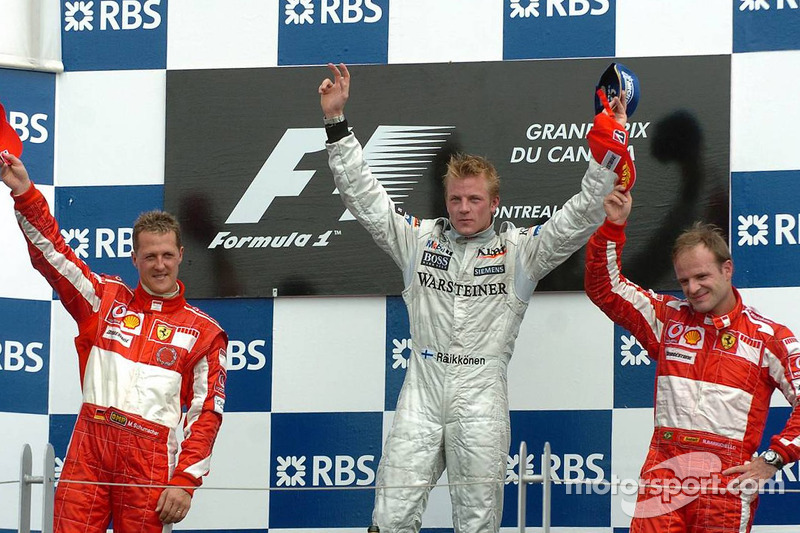 Podium: Sieger Kimi Räikkönen mit Michael Schumacher und Rubens Barrichello