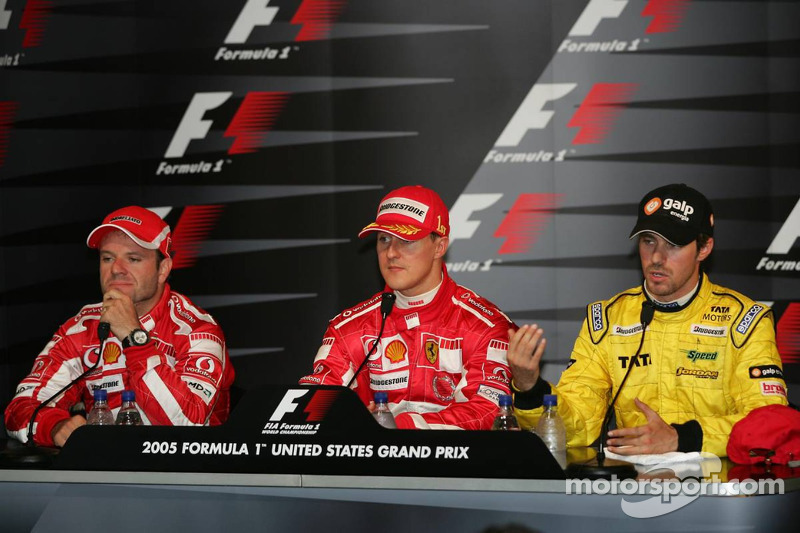 Press conference: race winner Michael Schumacher with Rubens Barrichello and Tiago Monteiro