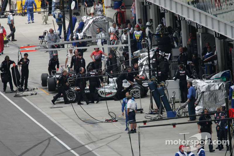 Juan Pablo Montoya pushed back in the garage
