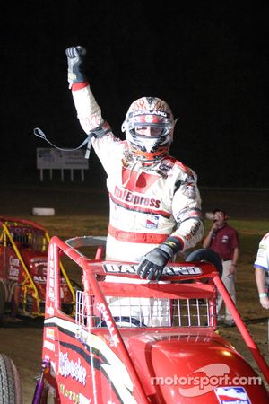 Indiana Sprint Week Feature winner Dave Darland celebrates