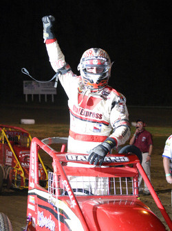 Indiana Sprint Week Feature winner Dave Darland celebrates