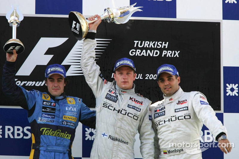 Podyum: Kazanan Kimi Raikkonen ile Fernando Alonso ve Juan Pablo Montoya