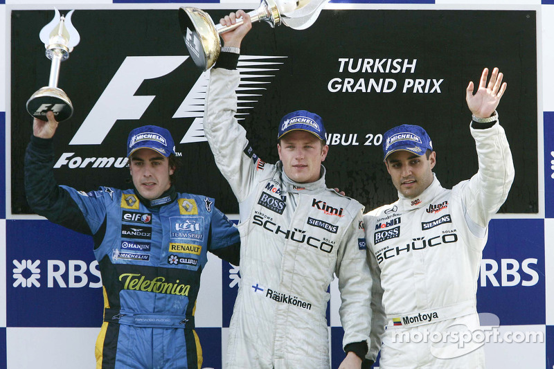 Podyum: Kazanan Kimi Raikkonen ile Fernando Alonso ve Juan Pablo Montoya