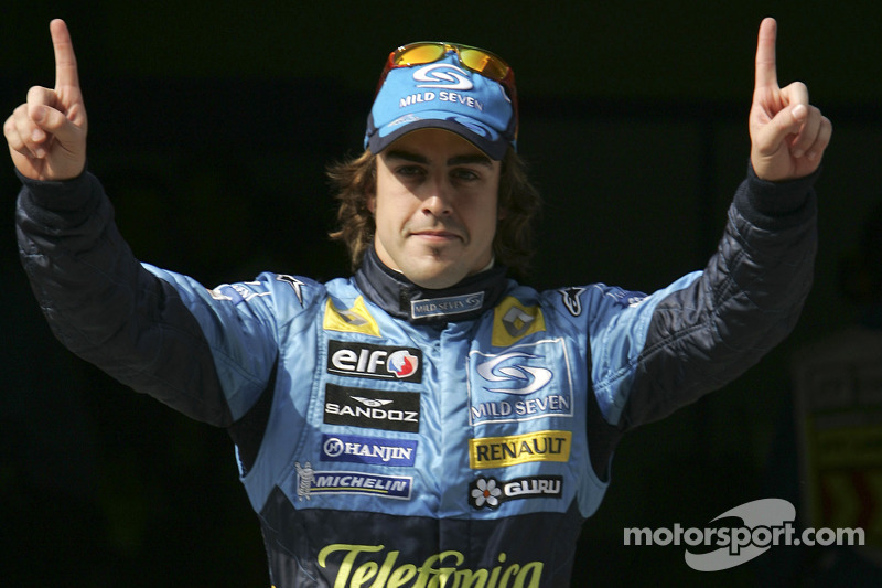 Pole winner Fernando Alonso celebrates