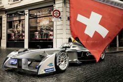 A Formula E car during a media appearance in Geneva