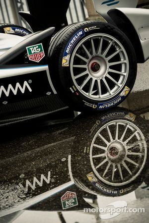 A Formula E car during a media appearance in Geneva