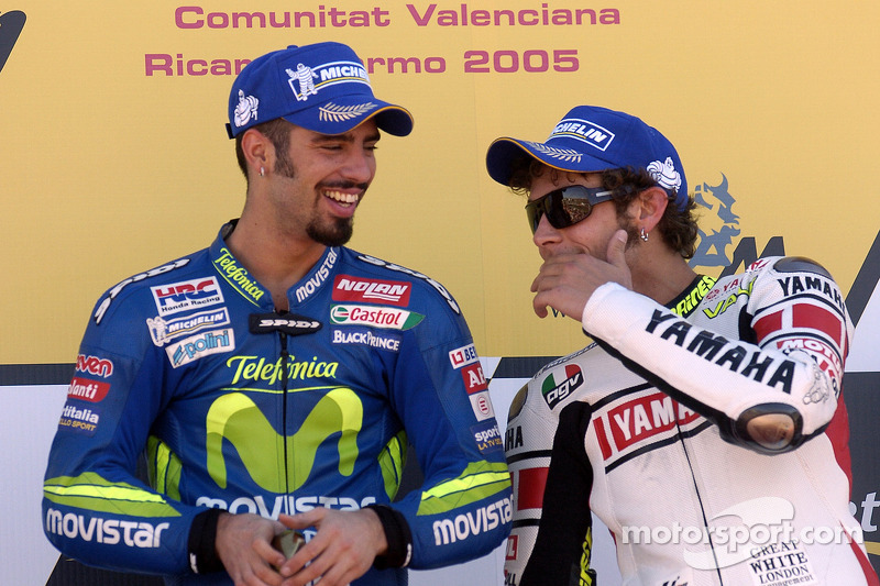 Podio: ganador de la carrera Marco Melandri y Valentino Rossi