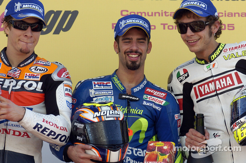 Podium : Marco Melandri vainqueur devant Nicky Hayden et Valentino Rossi