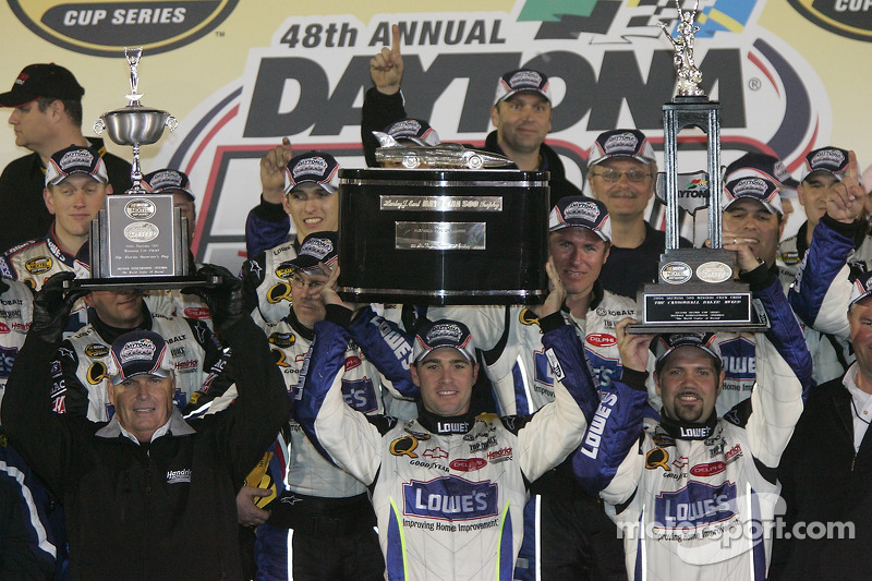 Victory lane: race winner Jimmie Johnson celebrates