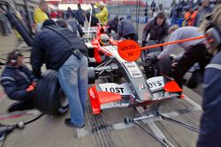 Tiago Monteiro takes part in pitstop practice for the Midland F1 team at Silverstone