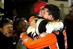 Victory lane: race winner Kevin Harvick congratulated by Tony Stewart