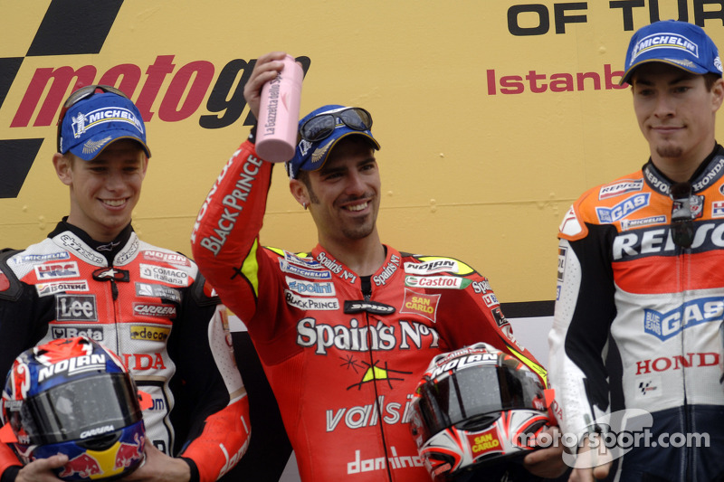 Podium: le vainqueur Marco Melandri avec Casey Stoner et Nicky Hayden