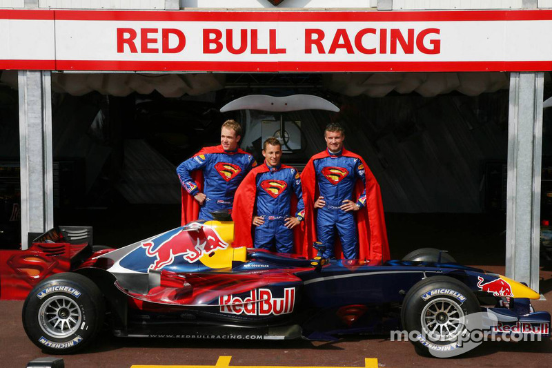 Red Bull Racing unveil their special Monaco "Superman" edition livery: Robert Doornbos, Christian Klien and David Coulthard