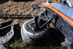 The damaged McLaren MP4-30 of Kevin Magnussen, McLaren after he crashed