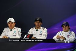 The qualifying top three FIA Press Conference Second place Nico Rosberg, Mercedes AMG F1, Pole winner Lewis Hamilton, Mercedes AMG F1, Third place Felipe Massa, Williams