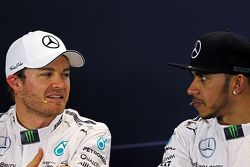 Second place Nico Rosberg, Mercedes AMG F1 with team mate and pole winner Lewis Hamilton, Mercedes AMG F1 in the FIA Press Conference