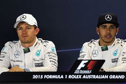 Second place Nico Rosberg, Mercedes AMG F1 with team mate and pole winner Lewis Hamilton, Mercedes AMG F1 in the FIA Press Conference