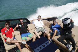 Jaime Alguersuari, Virgin Racing, Jérôme d'Ambrosio, Dragon Racing, Scott Speed, Andretti Autosport, Antonio Felix Da Costa, Amlin Aguri on a boat with the Formula E mascot