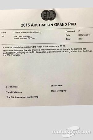 A note for Manor F1 Team