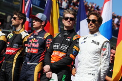 (L naar R): Romain Grosjean, Lotus F1 Team; Max Verstappen, Scuderia Toro Rosso; Nico Hulkenberg, Sa