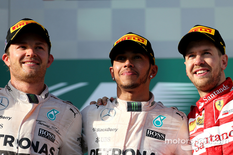 Second place Nico Rosberg, Mercedes AMG F1 Team, Race winner Lewis Hamilton, Mercedes AMG F1 Team an