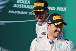 Race winner Lewis Hamilton, Mercedes AMG F1 celebrates on the podium with team mate Nico Rosberg, Mercedes AMG F1