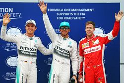 Les trois premiers des qualifications dans le Parc Fermé (gauche à droite) : le poleman Lewis Hamilton, Mercedes AMG F1, le deuxième Sebastian Vettel, Ferrari, le troisième Nico Rosberg, Mercedes AMG F1