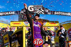 Race winner Denny Hamlin, Joe Gibbs Racing Toyota celebrates