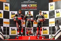 Podium: second place, Chaz Davies, Ducati Team, race winner Jonathan Rea, Kawasaki, third place, Tom Sykes, Kawasaki