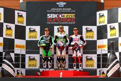 Podium : le deuxième, P.J. Jacobsen, Kawasaki, le vainqueur, Kenan Sofuoglu, Kawasaki, le troisième, Kyle Smith, Pata Honda