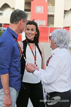 David Coulthard, Red Bull Racing and Scuderia Toro Advisor / BBC Television Commentator with Lee McKenzie, BBC Television Reporter and Bernie Ecclestone