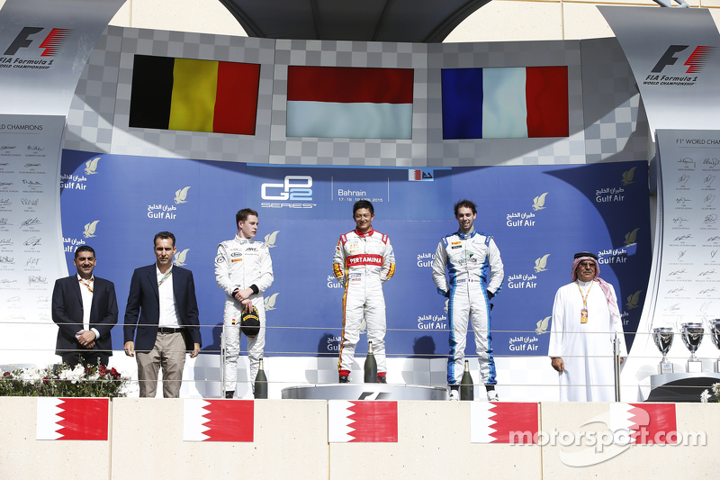 1. Rio Haryanto, Campos Racing; 2. Stoffel Vandoorne, ART Grand Prix, und 3. Nathanael Berthon, Laza