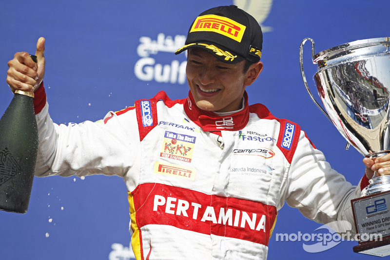 Rio Haryanto, Campos Racing celebrates his win on the podium.