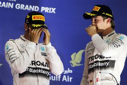The podium: Race winner Lewis Hamilton, Mercedes AMG F1 with third placed team mate Nico Rosberg, Mercedes AMG F1